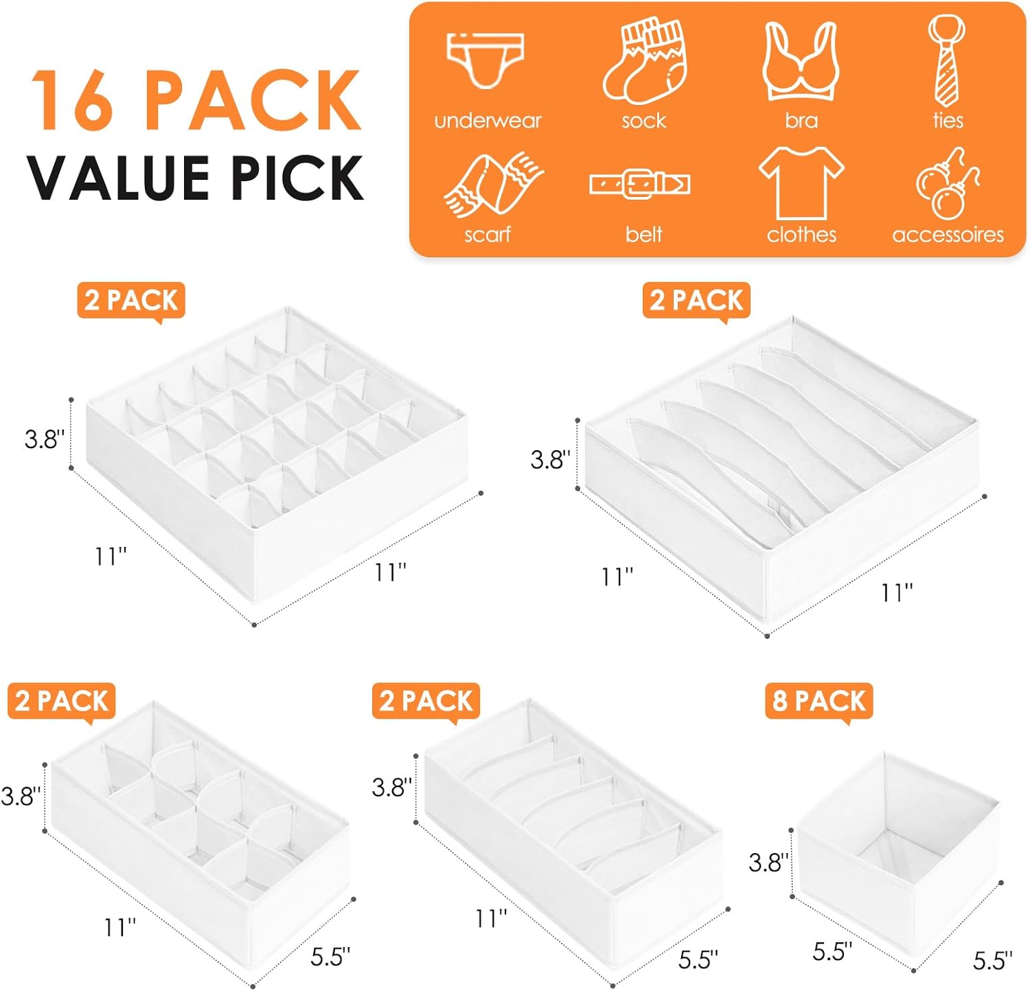 Criusia Drawer Organizer Clothes, 16 Pack Dresser Organizer Bins for Baby Clothes, Underwear Sock, Fabric Closet Organization and Storage Dividers for Nursery Bedroom (96 Compartments, White)