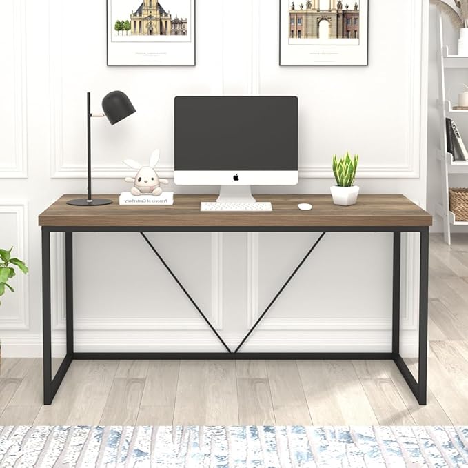 FOLUBAN Industrial Computer Desk, Rustic Wood and Metal Writing Desk, Vintage PC Table for Home Office, Oak 60 inch