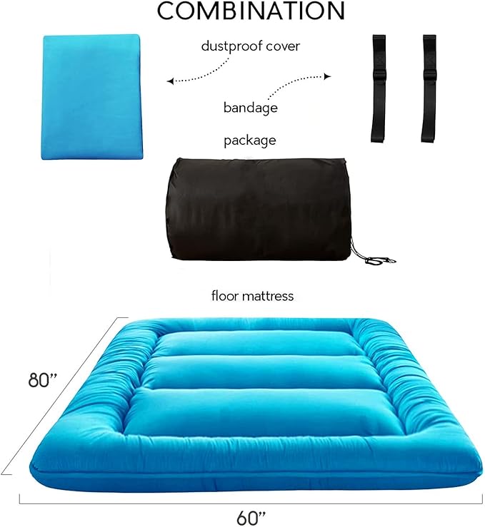 MAXYOYO Japanese Floor Mattress Futon Mattress, 4" Thicken Tatami Mat Sleeping Pad Foldable Roll Up Mat Boys Girls Dormitory Pad Kids Floor Lounger Pillow Bed, Charcoal Grey, Queen Size