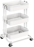 Pipishell 3 Tier Metal Rolling Utility Cart, Heavy-Duty Storage Rolling Cart with 2 Lockable Wheels, Multifunctional Mesh Organization Utility Cart for Kitchen Dining Room Living Room (White)