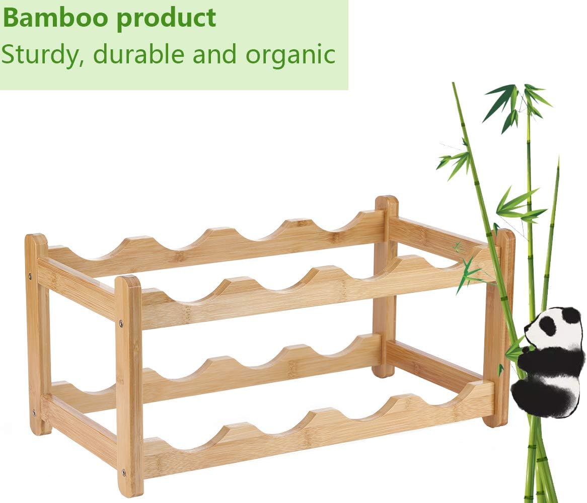 Wine Rack 8 Bottle 2-Tier Eco-Friendly Bamboo Wine Storage Easy-Assembly Space-Saving for Wine Lovers,Kitchen Wine Organizer for Countertop,Pantry, Home,Room Decor,Bar