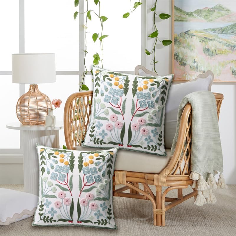 Pack of 2 Embroidered Decorative Throw Pillow Cover 18x18 Inch Farmhouse Flor...