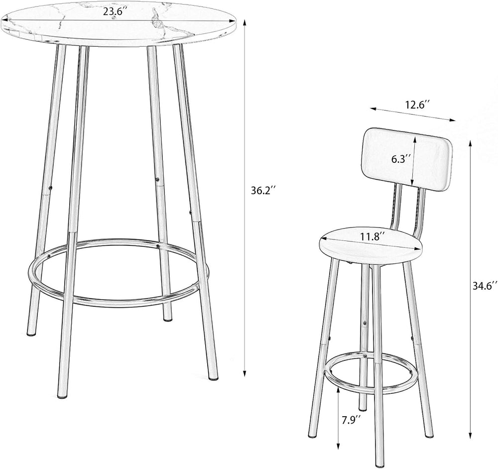 3 Pieces Round Bar Table Set, Small Dining Table for 2 Faux Marble Tabletop |...