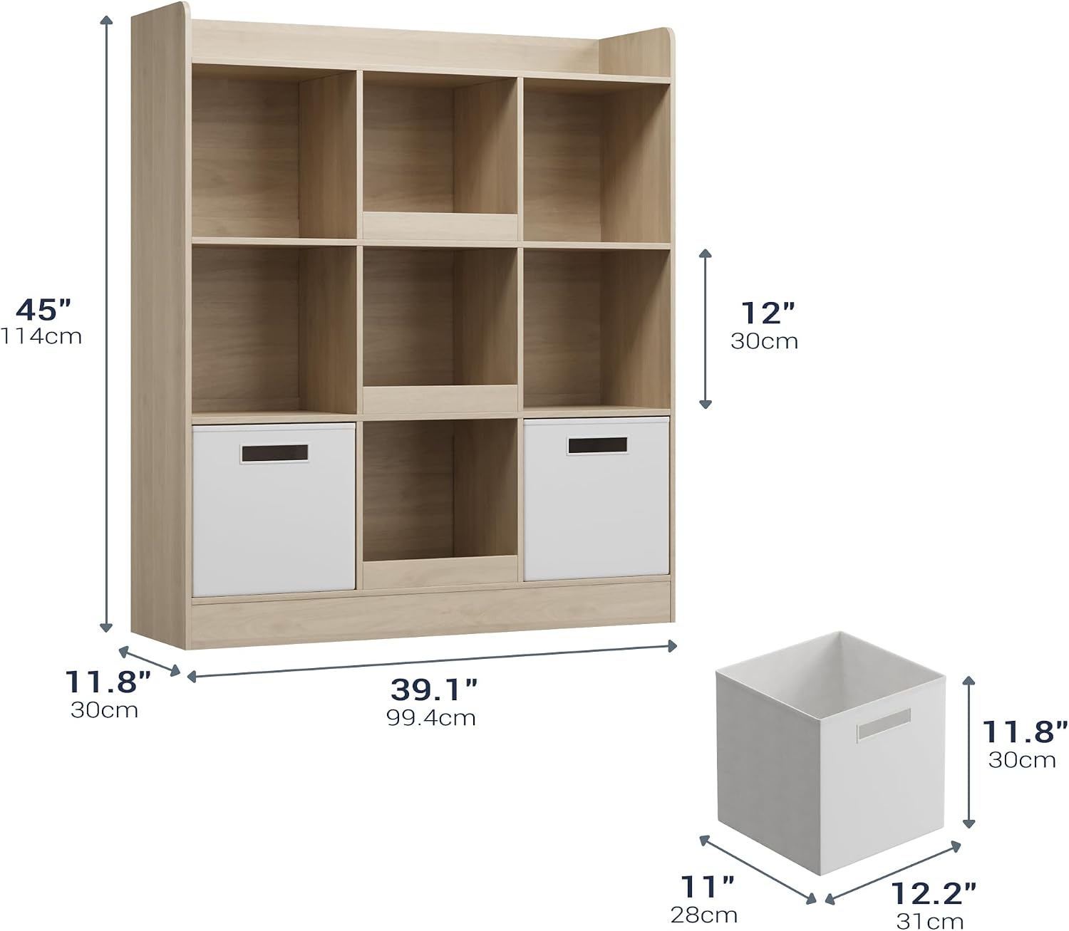 Housoul Kids Bookshelf, Toy Storage Organizer with Fabric Drawers, Natural | Bookshelf with 9 cube, 3-tier freestanding wooden open shelf bookshelf, modern kids display bookcase for living room, office