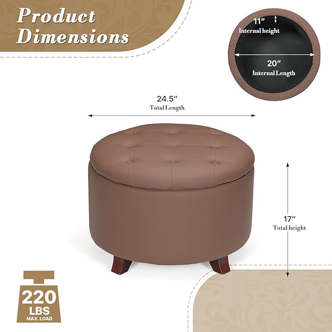 Athena Collection 24.5 Inch Small Ottoman with Storage, Round PU Leather Storage Ottoman Foot Rest with Removable Lid, Multipurpose Footstool Footrest for Livingroom, Bedroom, Dorm, Brown