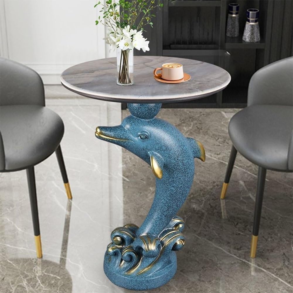 Dolphin Statue Side Table, Resin Pedestal End Table for Living Room, Ocean Co...