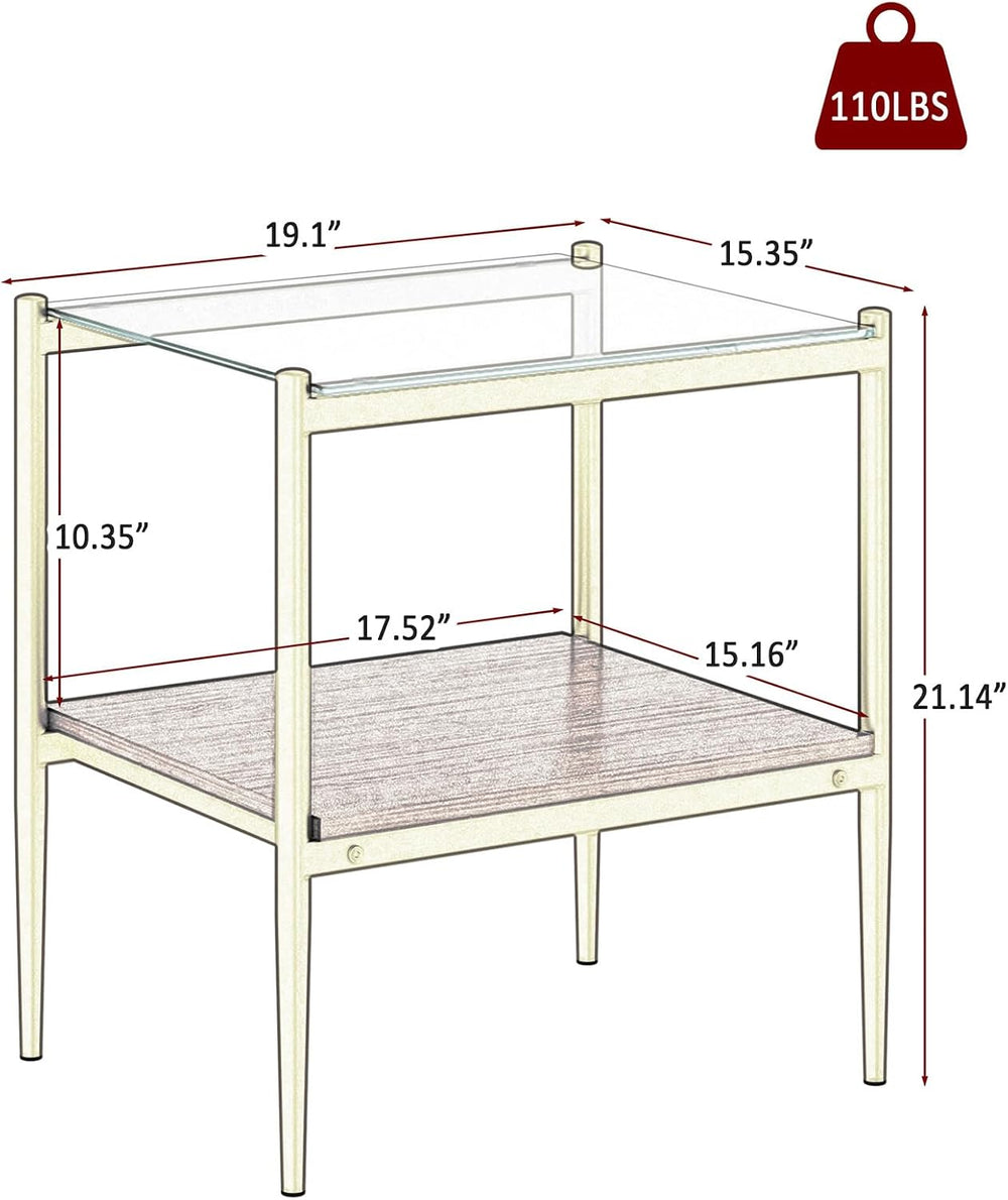 Modern Tempered Glass End Table, 19.1"L x 15.35"W Side Table with S...
