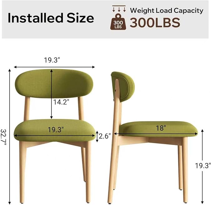 Wooden Dining Chair Set of 2, Modern Dining Chairs with with Curved Back, Fabric Upholstered Kitchen Dining Room Chairs with Adjustable Legs for Farmhouse Dining Living Room,Green