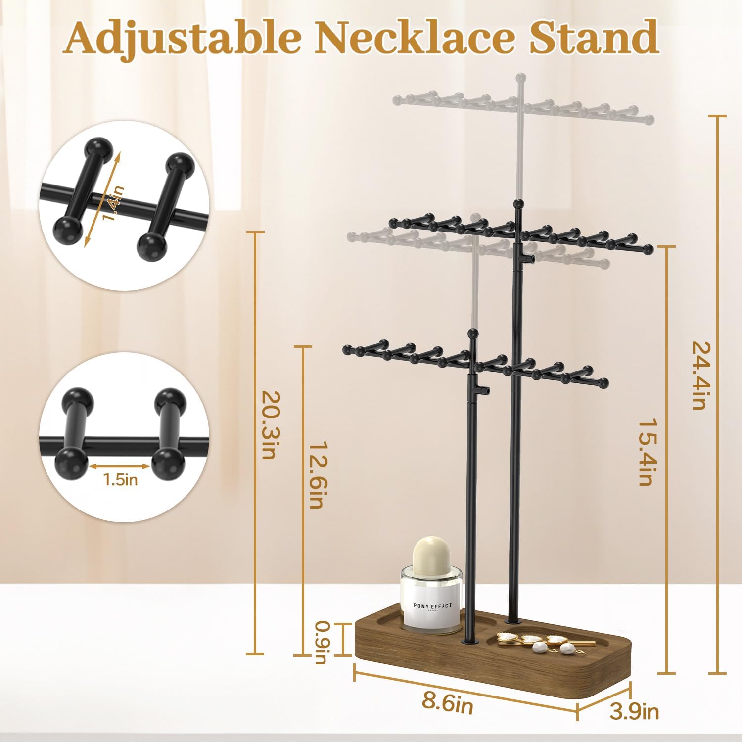MODOWEY Necklace Holder Organizer Stand with 36 Hooks, Tall Display Tree Rack for Women Men Jewelry Storage, Adjustable 2 tier Metal Hanger Wood Tray for Vendor, Large Capacity for Dresser Small Space