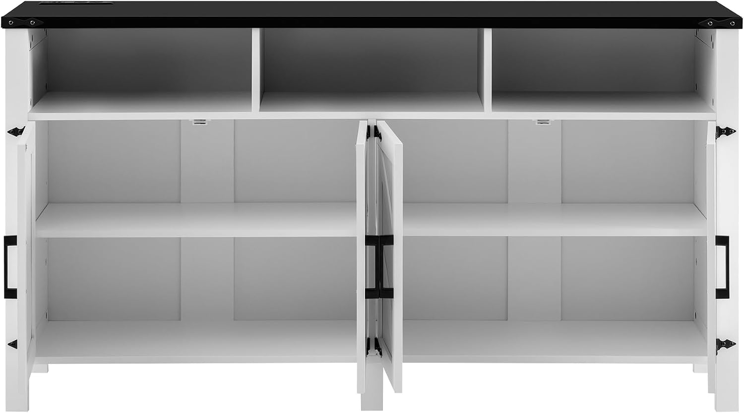 59'' Modern 4-Door Sideboard Buffet with Power Outlets & USB Ports,Adjustable Shelves and Half-Open Storage Cabinet,Metal Accents & Aluminum Handles for Living Room,Dining Room,Entryway (White+Black)