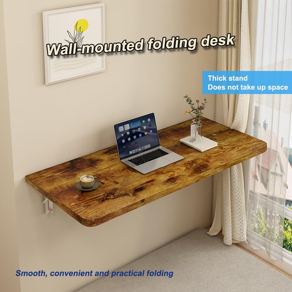 Rustic Wall Mounted Folding Table, Solid Wood Floating Desk with Stainless St...