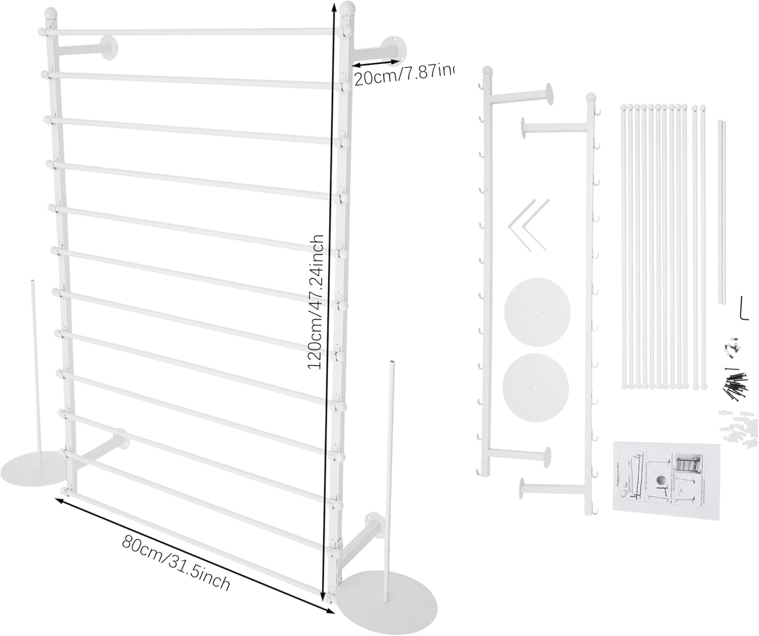12 Layers 80cm White Wall Display Stand Wrapping Paper Ribbon Organizer Tie Scarf Rack Belt Towel Holder Spool Hijab Stand Metal Shelving for Home, Retail Stores, Flower Shop, Studio, Sewing
