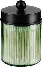 Amolliar Sage Green Apothecary Glass Jar With Metal Lid & Stickers, Bathroom Qtip Dispenser Storage Canister, Perfect for Cotton Balls, Cotton Swabs, Round Pads, Bath Salt, Floss, Black 1 Pack