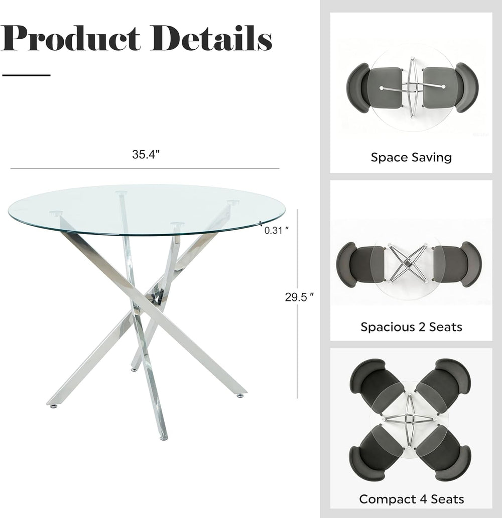 36-Inch Round Tempered Glass Dining Table for 2-4 Person Space-Saving Small K...