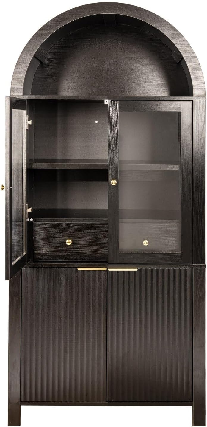 71" Tall Arched Pantry Cabinet with Glass Doors, Fluted Kitchen Storage ...