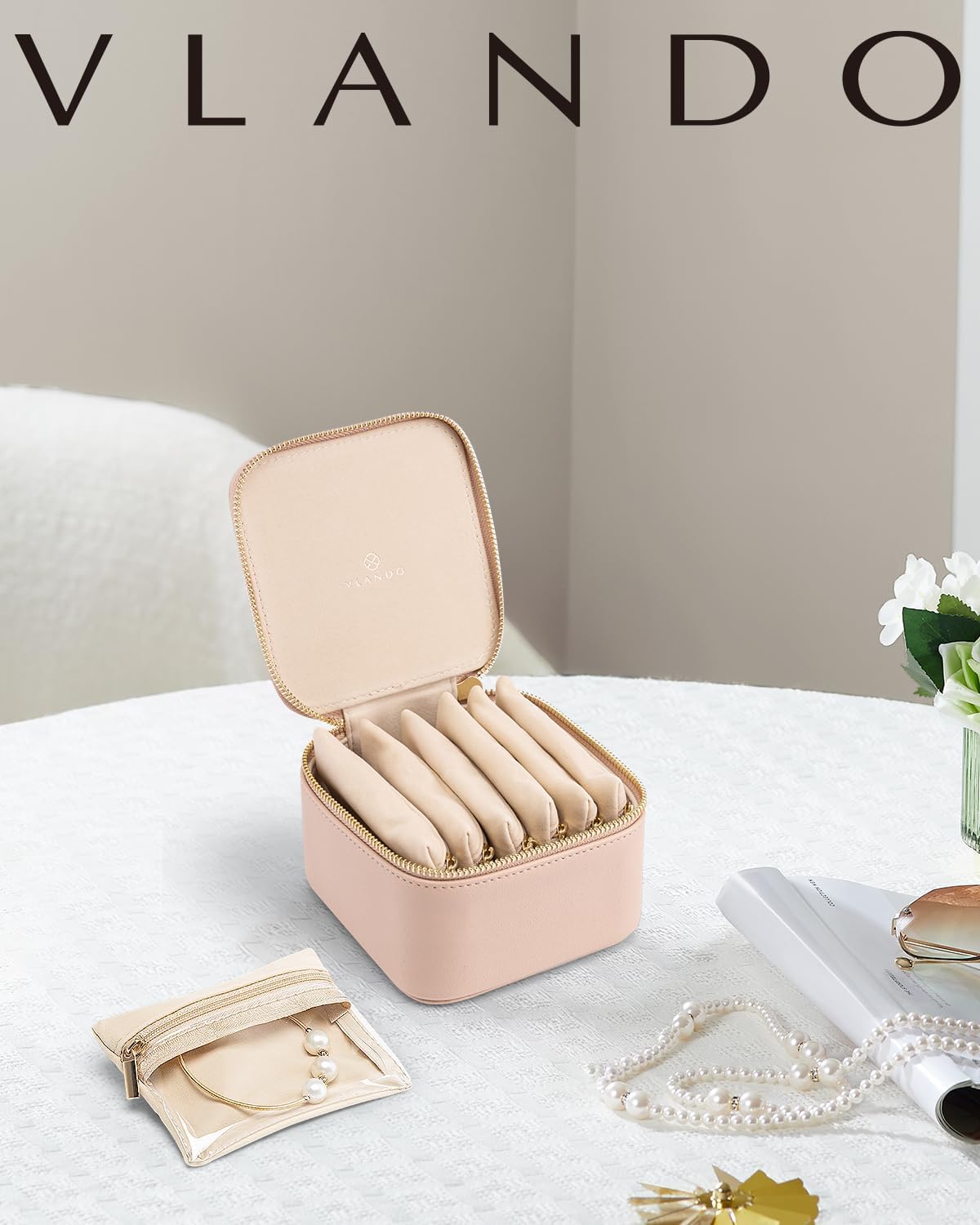 Vlando Small Jewelry Box Organizer,Travel Jewelry Storage with 6 Velvet Jewelry Zipper Pockets,Travel Jewelry Case Birthday Gifts for Women Girls(Khaki)