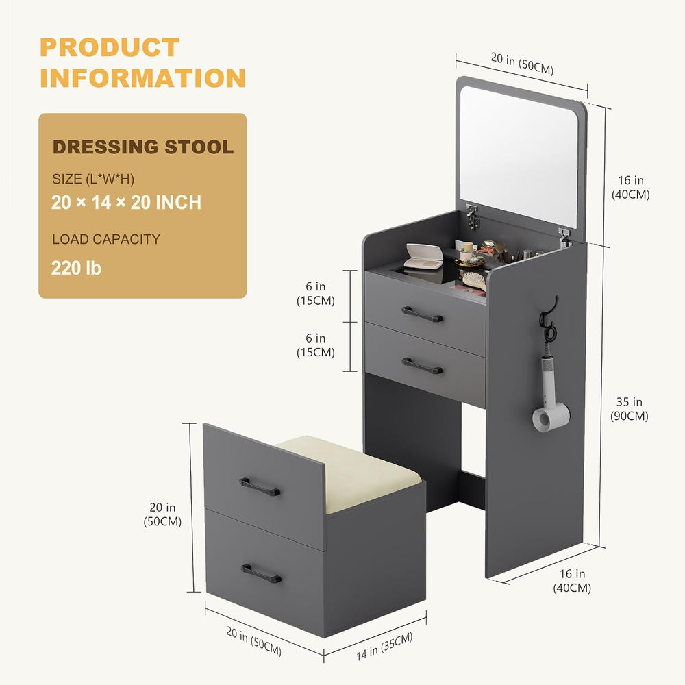 3 in 1 Make Vanity Desk with Flip Top Mirror(Grey) | Glass Top Makeup Vanity ...