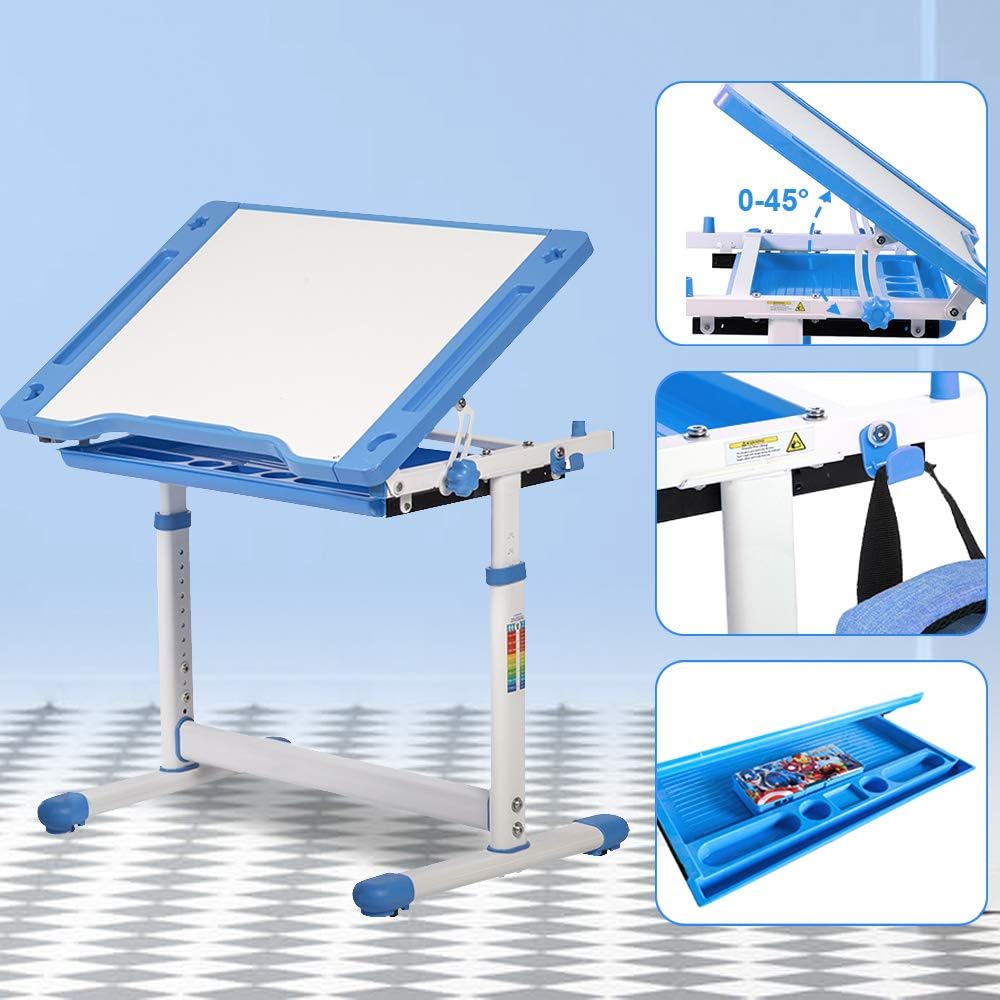 Dkeli Kids Desk and Chair Set Adjustable Height Ergonomic Children's Table with Storage Drawer Kids Study Homework Desk Table for 3-15 Years Old (Blue)