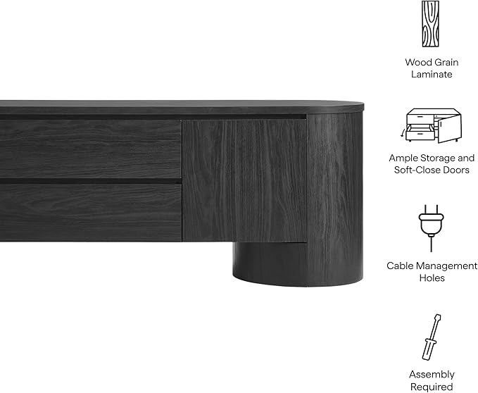 Modway Duval 71 Inch Oval TV Stand in Black – Low Profile Mid Century Modern Media Cabinet - Living Room Entertainment Center with Storage