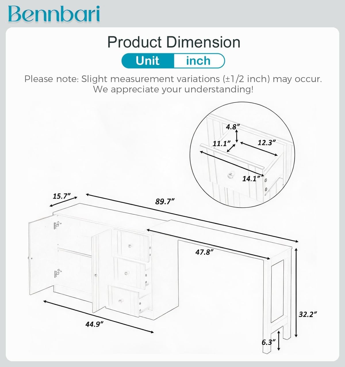 89.7'' Kitchen Island with Extendable Dining Table, Modern Storage Island with 2 Doors and 3 Drawers for Kitchen Living Room (White)