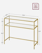 VASAGLE 39.4 Inch Console Sofa Table, Modern Entryway Table, Tempered Glass Table, Metal Frame, 2 Shelves, Adjustable Feet, for Living Room, Hallway, Gold Color ULGT025A01
