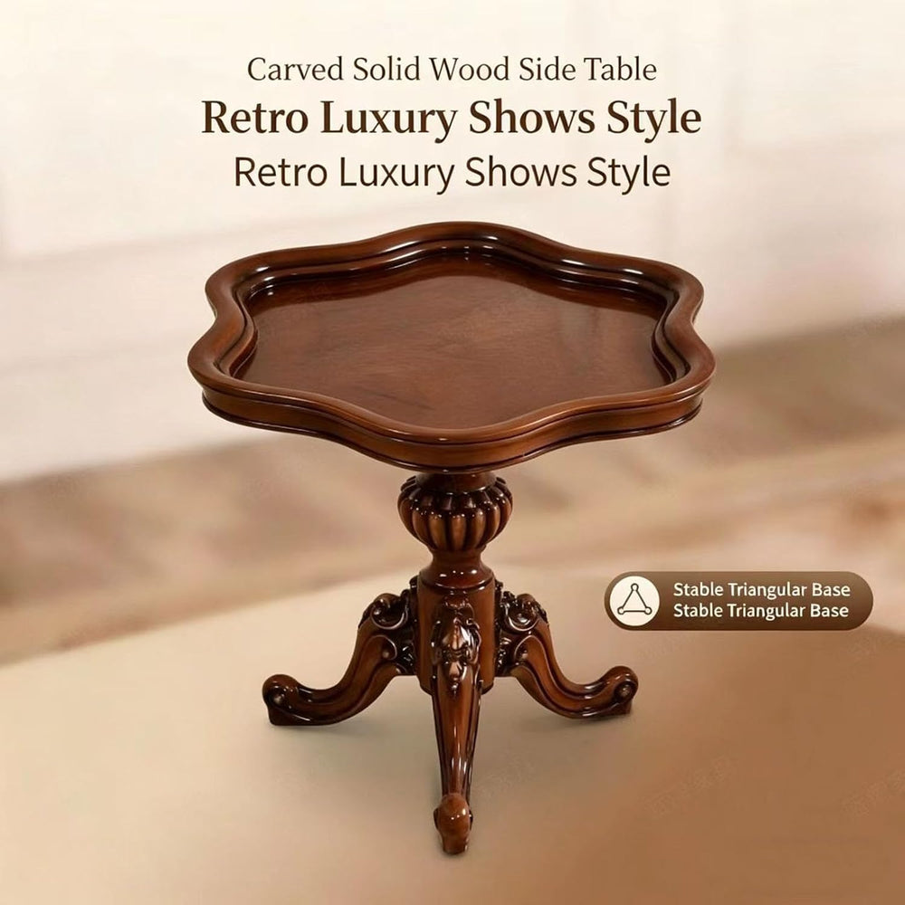 Solid Wood Carved Side Table, Vintage Round End Table with Raised Edge, Tripo...