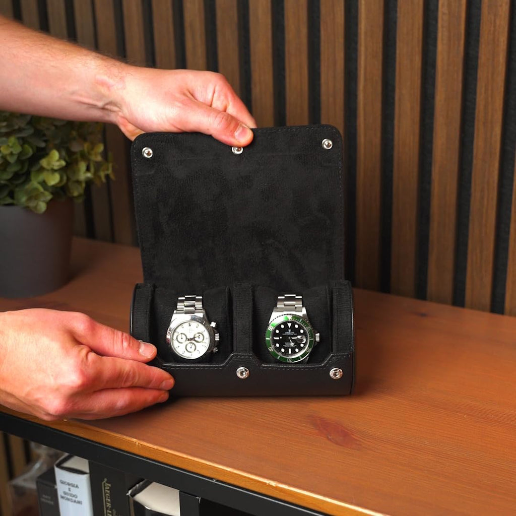 DailyWatch | Personalized Watch Roll Travel Case For 2 Watches - Handmade Genuine Leather Travel Case With Custom Engraving of Name or Initials - All Black