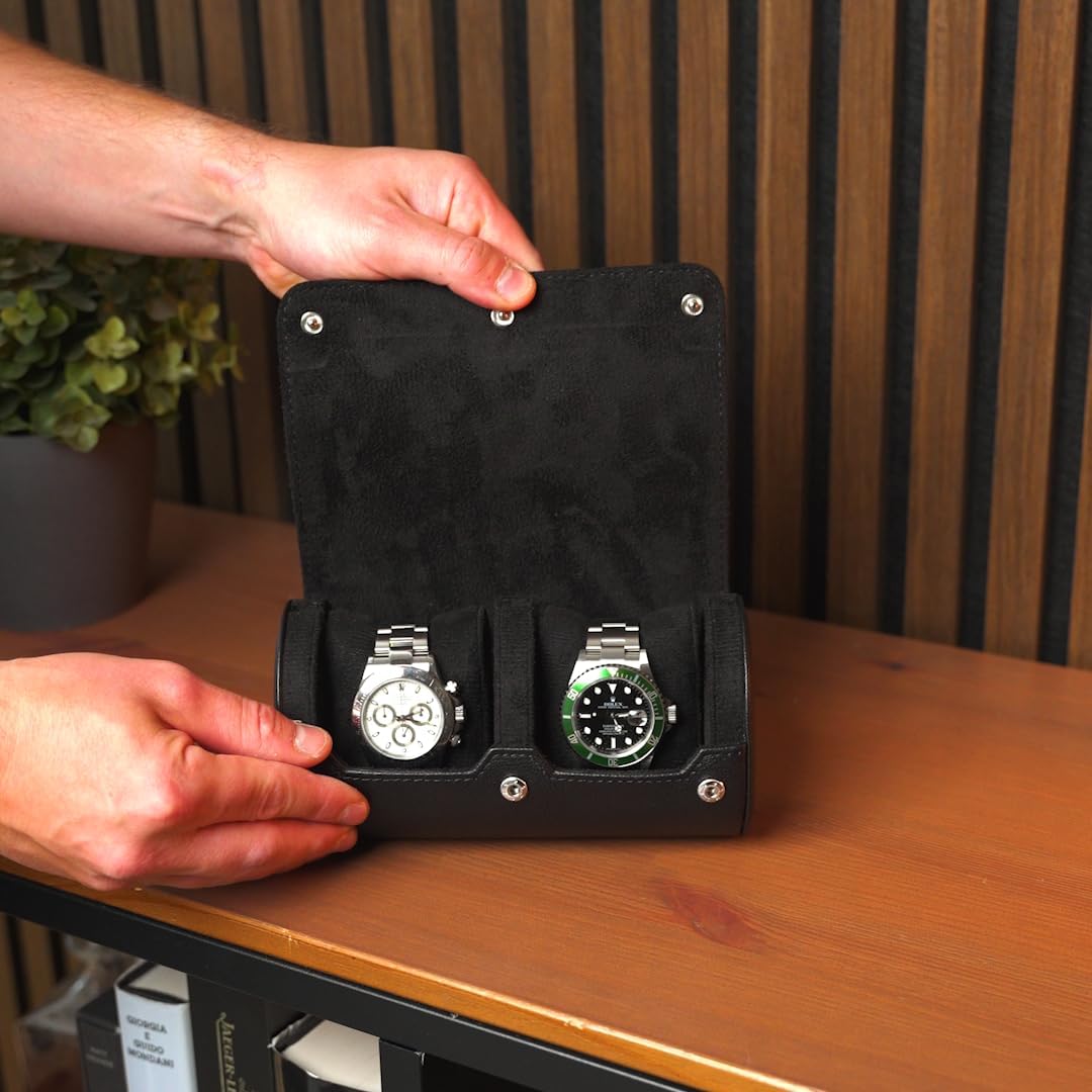 DailyWatch | Personalized Watch Roll Travel Case For 2 Watches - Handmade Genuine Leather Travel Case With Custom Engraving of Name or Initials - All Black