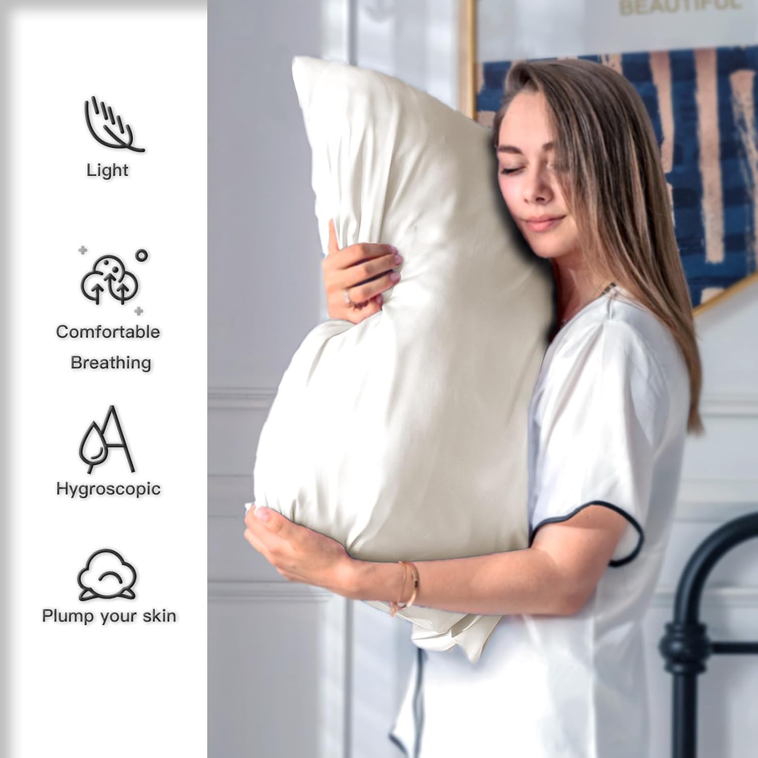 Mulberry Silk Pillow Cases for Hair and Skin Queen Size Silk Pillowcase with Zipper Soft Breathable Smooth Cooling Satin Silk Pillow Covers for Sleeping (Beige,20"X 30",1Pcs)