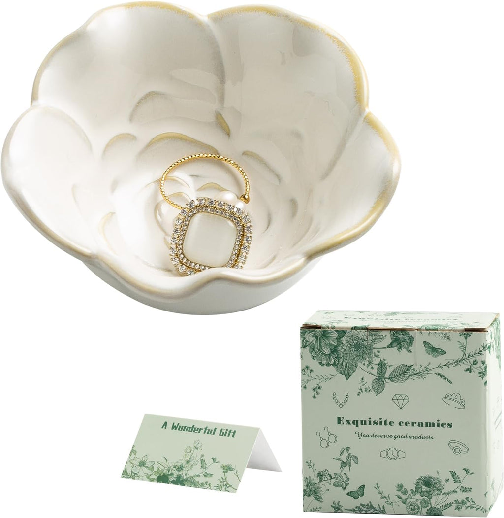 Mecaikru Ceramic Flower Jewelry Dish, 3.5 in Ring Tray with Gift Box & Card | Open flower shape keeps rings, earrings and necklaces visible while making items easy to pick up.