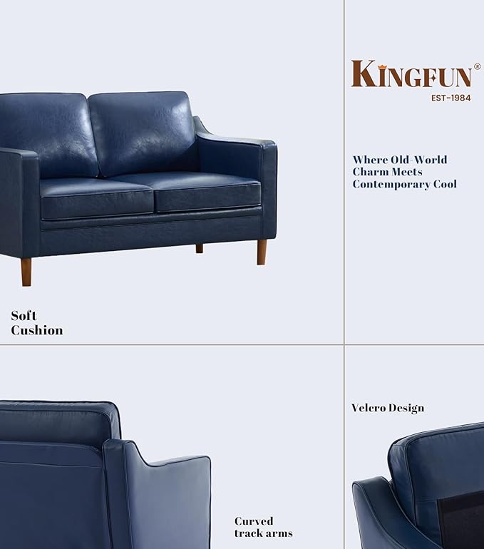 Kingfun 56" Faux Leather Sofa, Loveseat Couch, Mid Century Modern Love Seat Couches with Solid Wood Frame for Living Room & Bedroom, Royal Blue