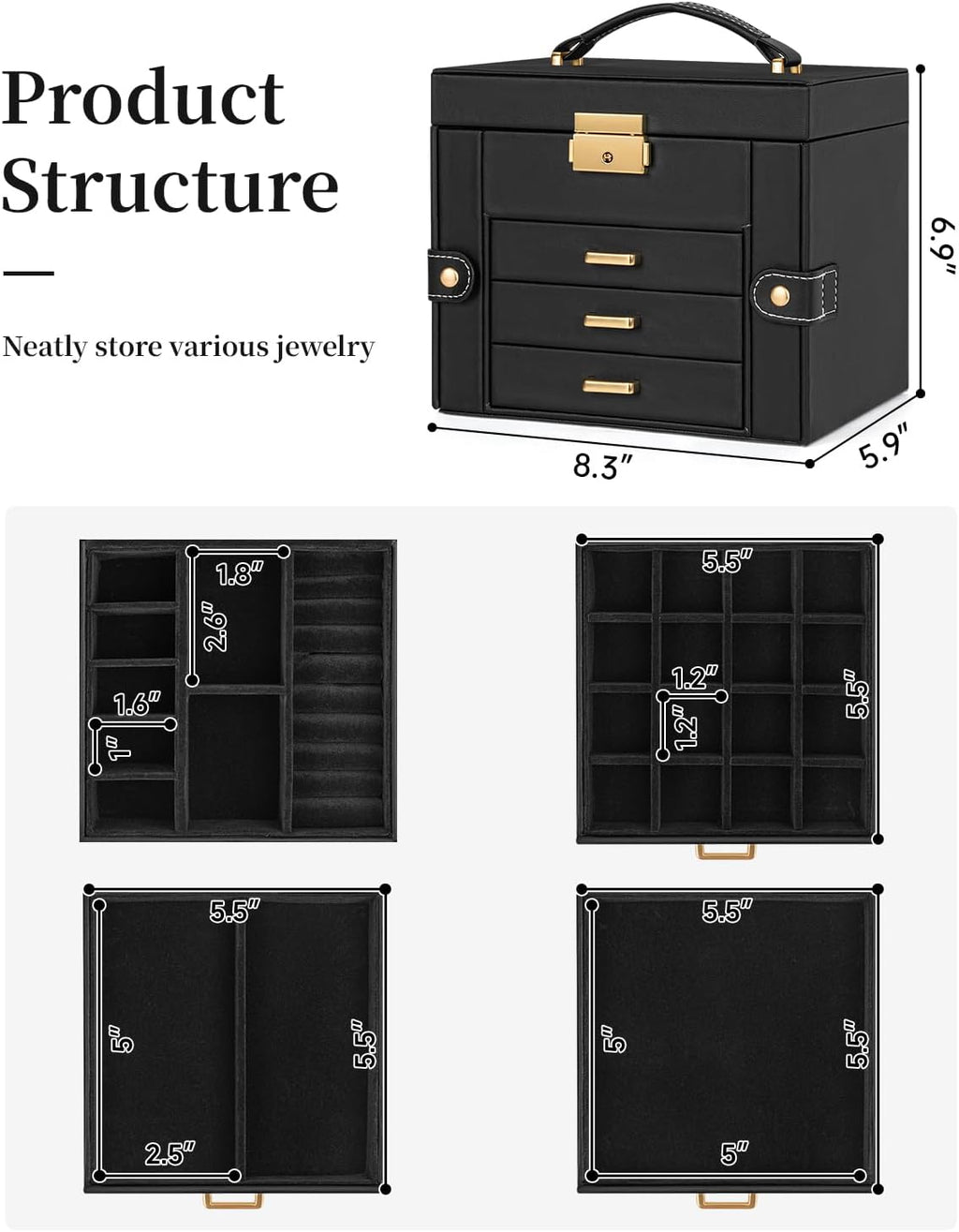 TORIBIO Jewelry Box for Women, Leather Jewelry Organizer with Mirror & Lock, 4-Tier Jewelry Storage Organizer with 3 Drawers for Girls/Women/Mothers, Necklace Earring Bracelets Holder Organizer
