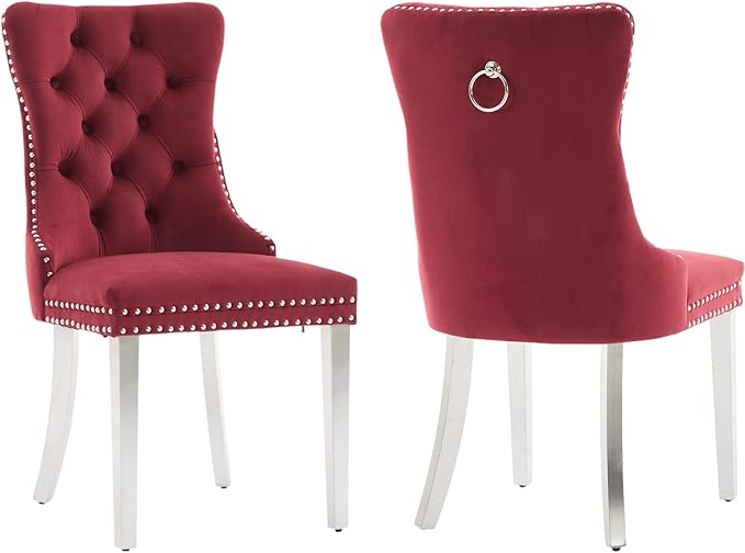 Luxury Upholstered Dining Chairs Set of 2, Red Kitchen Chair with Silver Metal Legs, Velvet Tufted Back Dining Chair, Sillas de Comedor, Modern Kitchen & Dining Room Chairs (Burgundy, 2 Pcs)