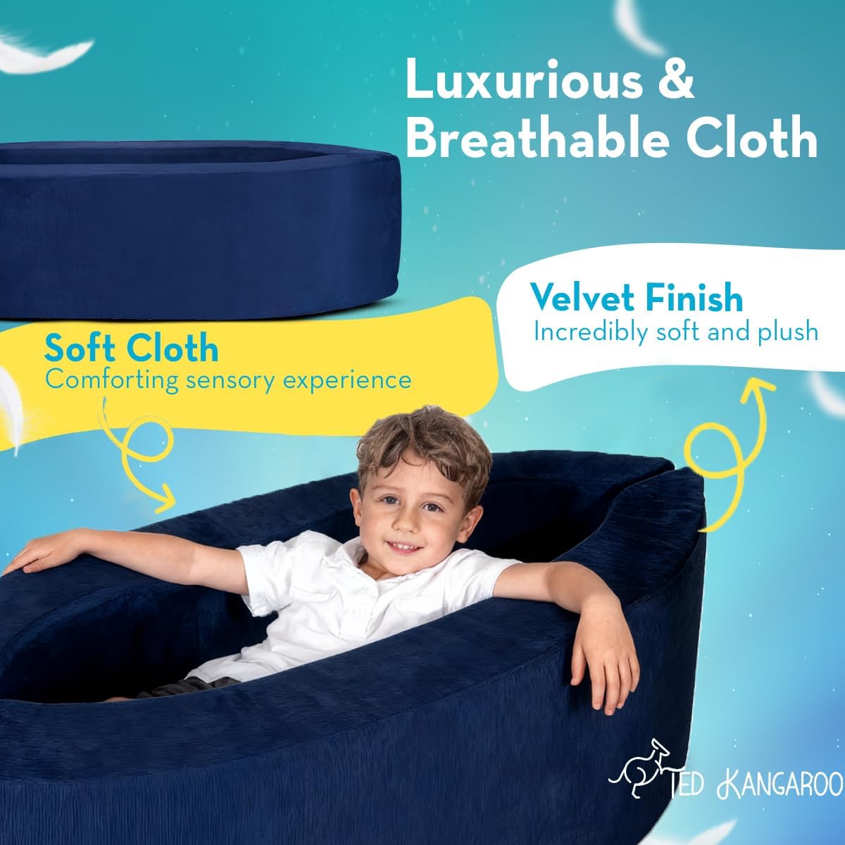 TED KANGAROO Sensory Chair for Kids — Sensory Soft Canoe for Children – Deluxe Adjustable Compression Peapod Foam Dark Blue