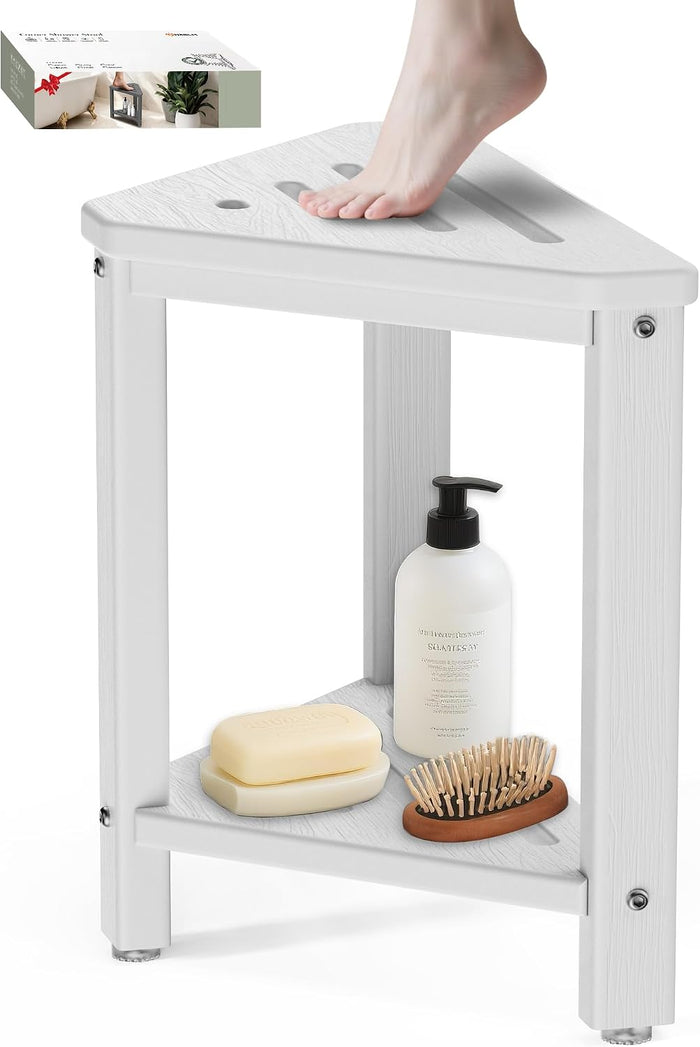Shower Foot Rest 15in, HDPE Waterproof Shower Stool for Inside Shower, Corner Shower Stool for Shaving Legs with Storage Shelf for Small Space, Shower Step Stool, Plastic Corner Shower Bench, White
