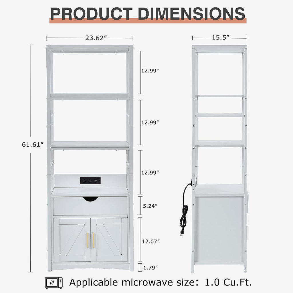 VECELO 3 Tier Freestanding Microwave Stand with Charging Station, Farmhouse Coffee Bar Cabinet with Drawer & Open Storage Shelves, Kitchen Counter Rack Compatible with 1.0 Cu.Ft Microwave Oven, White