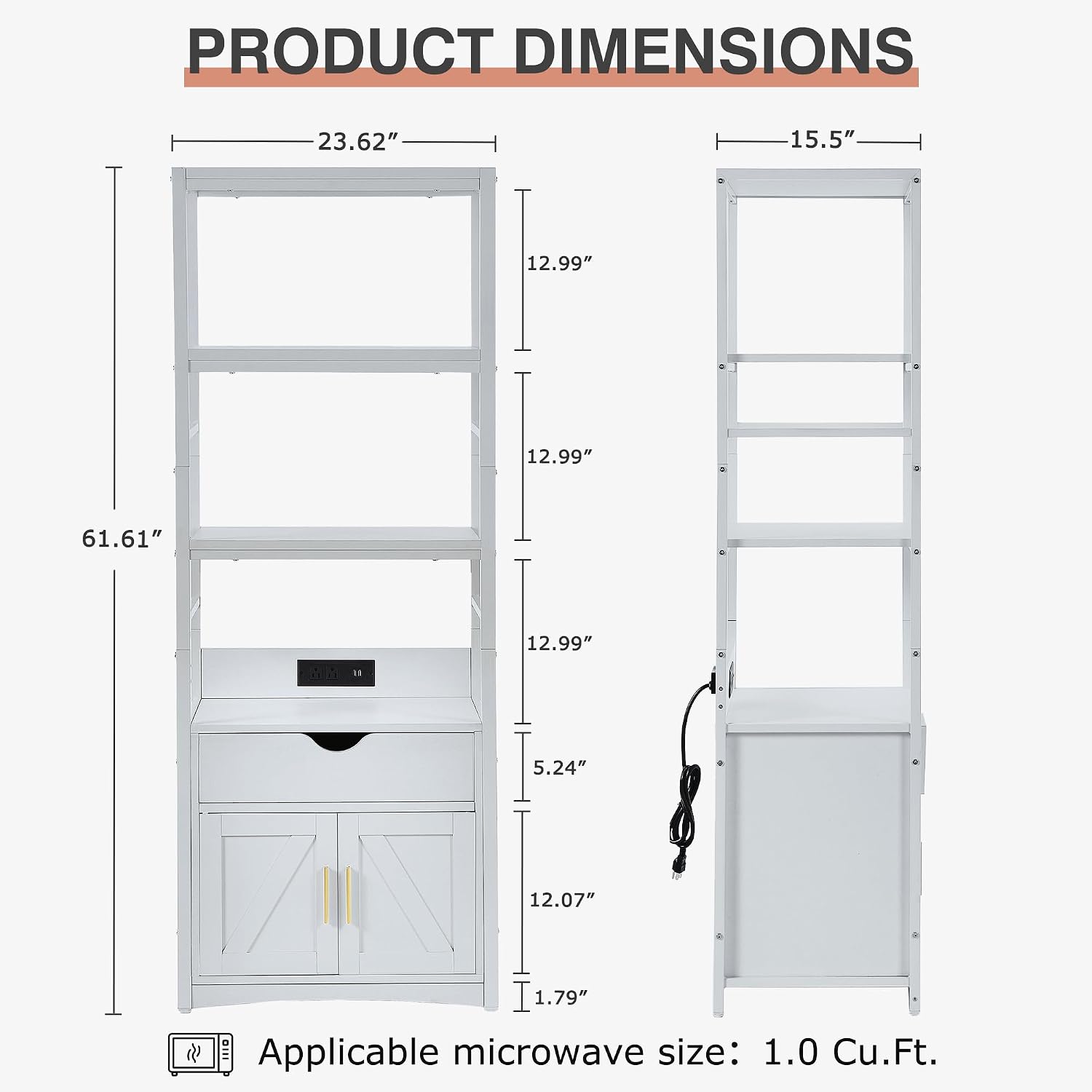 VECELO 3 Tier Freestanding Microwave Stand with Charging Station, Farmhouse Coffee Bar Cabinet with Drawer & Open Storage Shelves, Kitchen Counter Rack Compatible with 1.0 Cu.Ft Microwave Oven, White