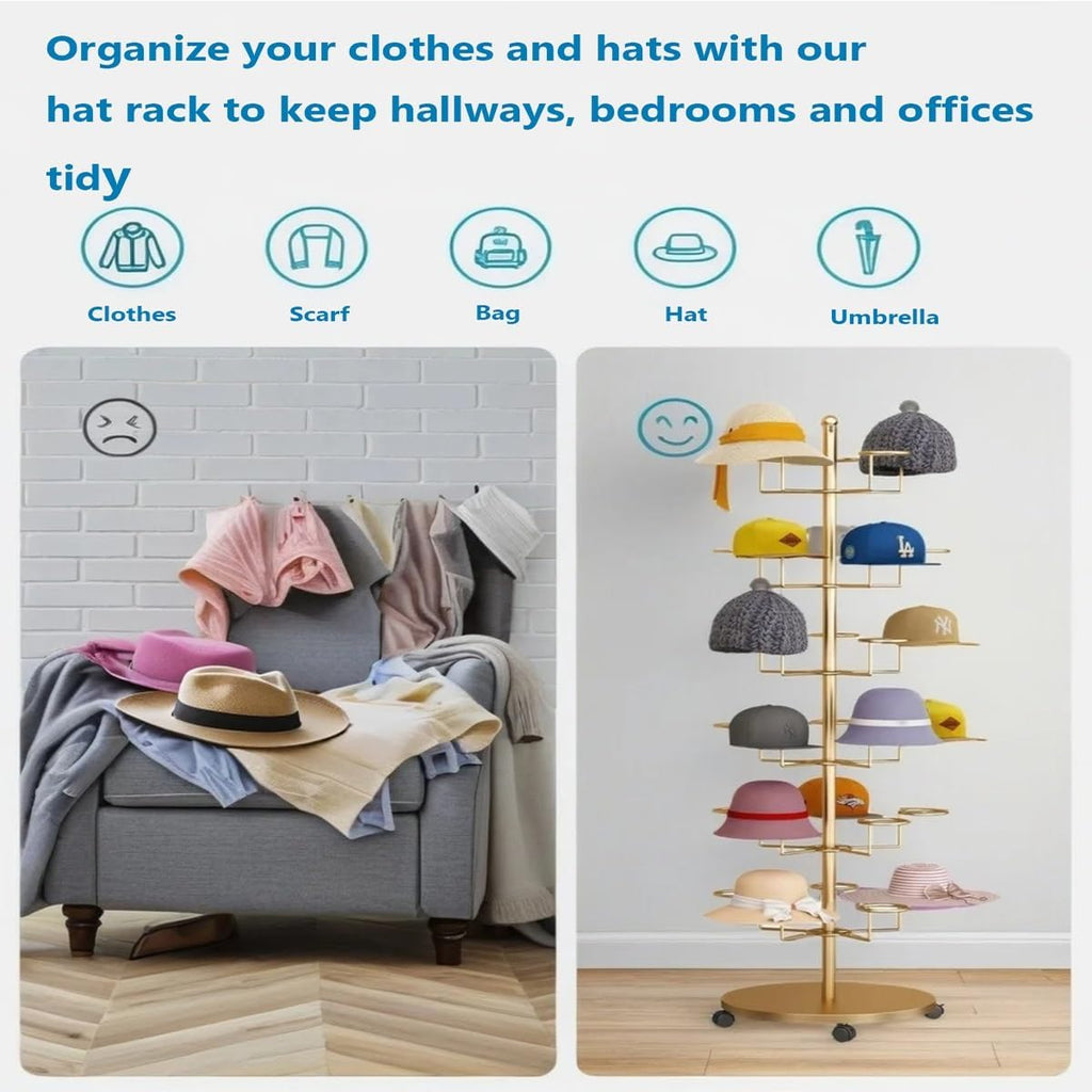 Hat Rack Stand 40-Hooks, Hat Display Stand Metal,Hat Display for Stores， Home or Store of Standing hat Rack(Gold,8th Floor)