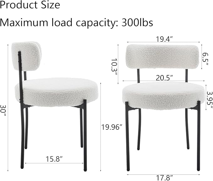 White Boucle Dining Chairs Set of 6, Upholstered Dining Room Chairs with Black Metal Legs, Round Modern Dining Chair for Dining Room, Kitchen