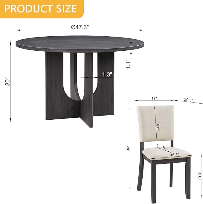 KEIKI 5-Piece Standard Height Dining Table Set with Round Table and 4 Upholstered Curved Backrset Chair, for 4 Person, Modern Wooden Table Set, Easy Assembly, for Kitchen, Dining Room, Beige+Black