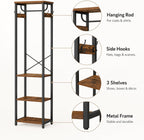 Coat Rack with Hanging Rod, Garment Rack with 3 Wooden Shelves and 4 Hooks, Freestanding Hall Tree, Industrial Clothes Rack Stand Organizer, Rustic Brown and Black