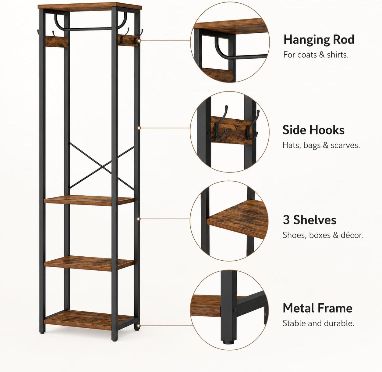 Coat Rack with Hanging Rod, Garment Rack with 3 Wooden Shelves and 4 Hooks, Freestanding Hall Tree, Industrial Clothes Rack Stand Organizer, Rustic Brown and Black