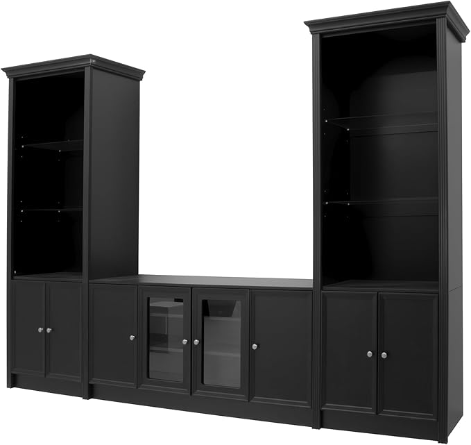 128.2" W Wall Unit Entertainment Center with Bookshelves for TVs up to 80", Multifunctional TV Stand Media Console with Tempered Glass Cabinets and Adjustable Shelves for Living Room (Black-1.28)