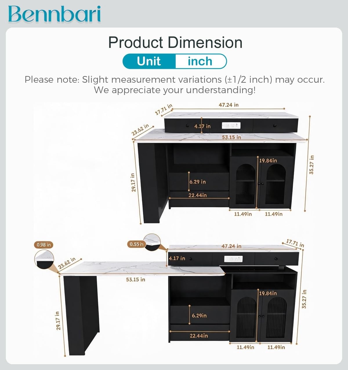 Retro Kitchen Island with Extendable Rotating Tabletop, Power Outlets, Glass Door Cabinets, 4 Drawers, Ships in 2 Boxes (Black & Marble Veneer)