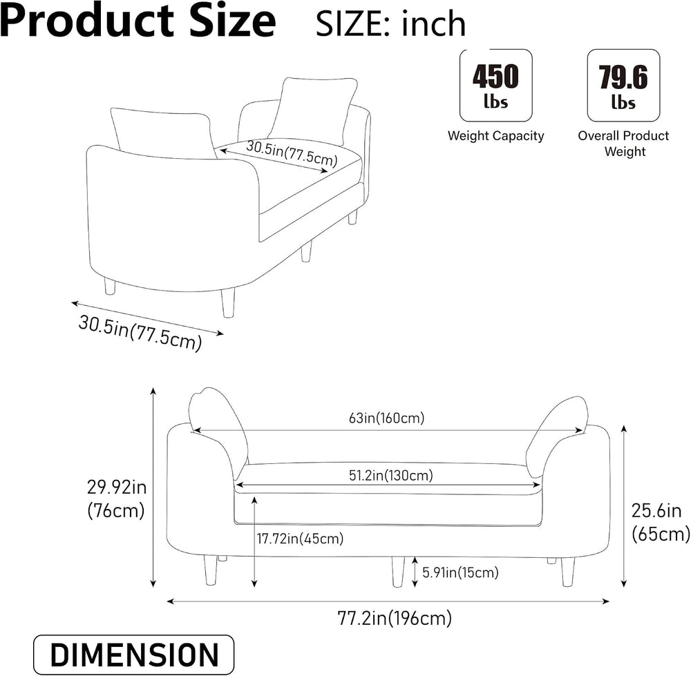 77" End of Bed Bench King Size,Chenille Extra Large Window Bench with 2 ...