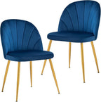 Velvet Dining Chairs Set of 2, Upholstered Mid Century Modern Dining Chairs, Armless Accent Chair with Metal Gold Legs for Living Room, Kitchen, Dining Room, Blue