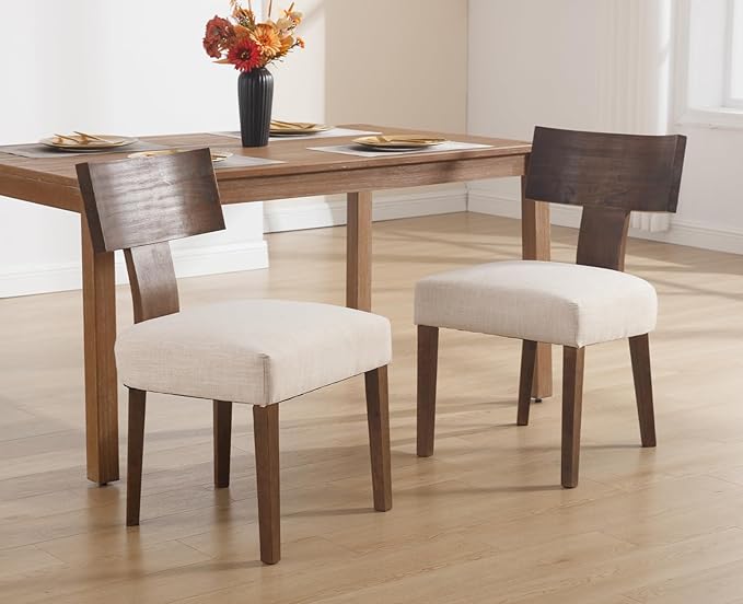 chairus Farmhouse Dining Chairs Set of 2, Upholstered Accent Chairs with Dark Brown T-Shape Wood Back Armless Kitchen Chairs with Soft Pad, Linen Beige