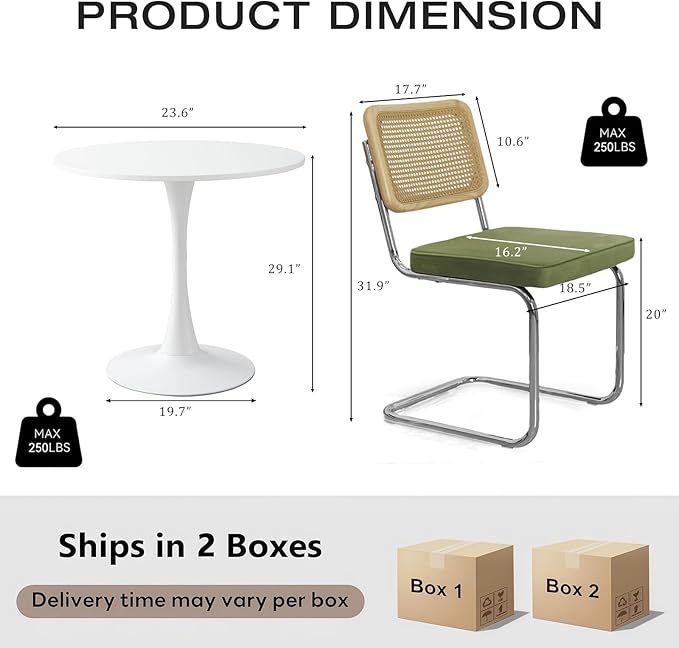 3-Piece 23.6" Round Dining Table Set for 2 with Upholstered Chairs – Space-Saving Modern Small Kitchen Cafe Bistro Set(Olive Green Velvet Chair)