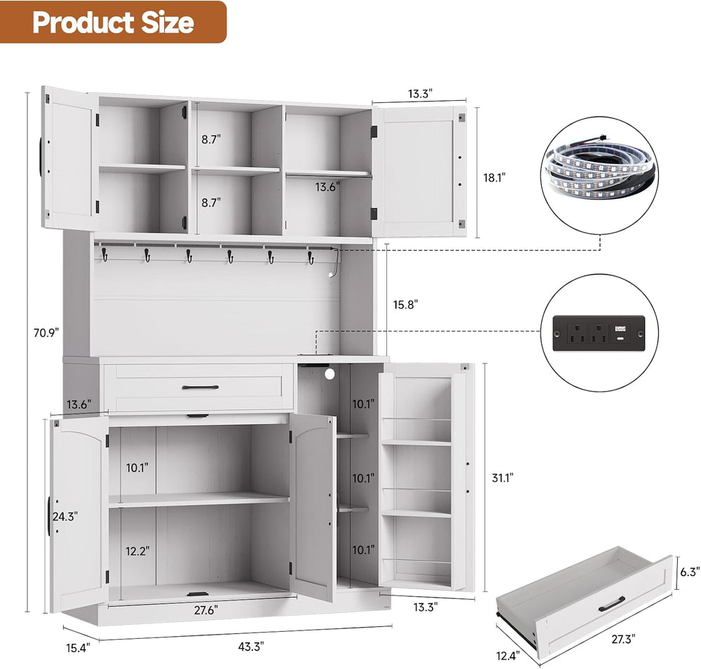 ONBRILL 71" Kitchen Pantry Storage Cabinet with LED Light/Outlet, Off-Wh...