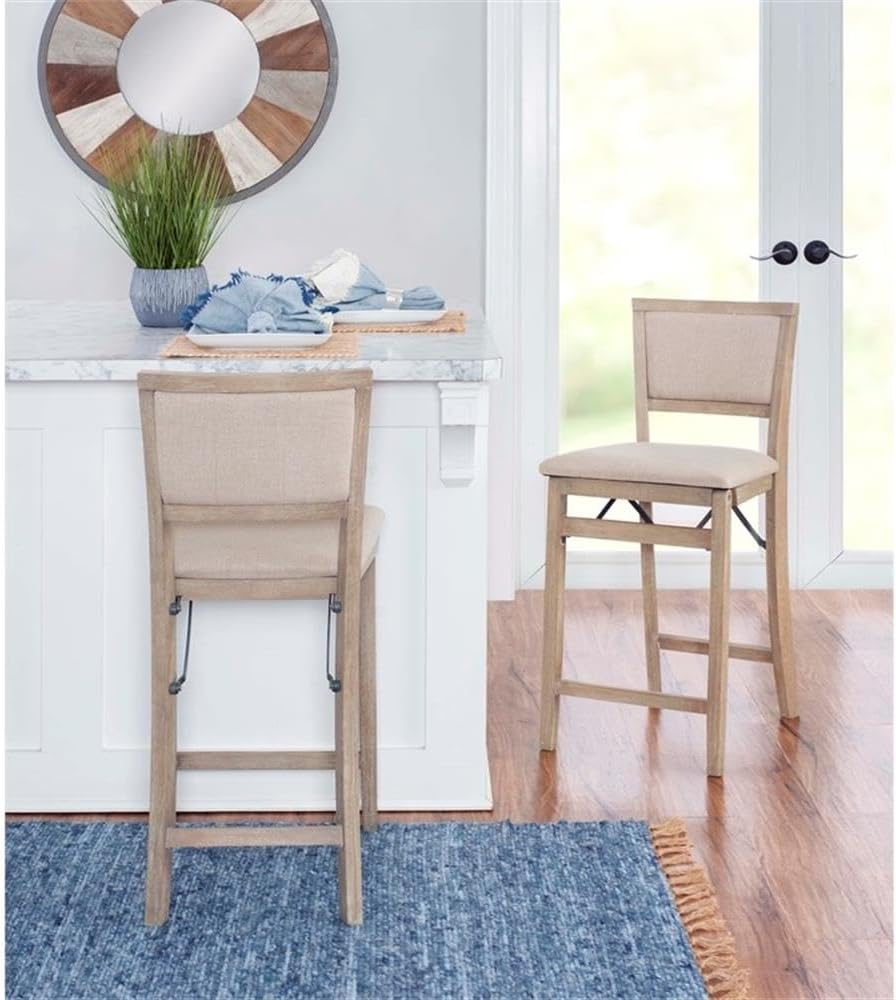 Pemberly Row Folding Counter Stool, Solid Wood Construction, Graywash Finish, Fabric Padded Back and Seat, 37 in Tall, 17 x 20 in Dimensions, Fully Assembled, Easy Storage, Extra Seating for Kitchen